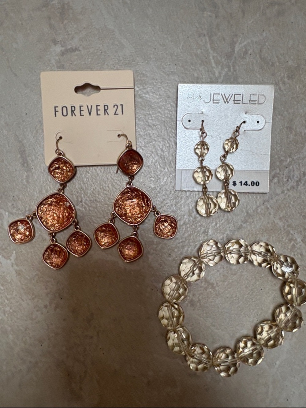 Forever 21 Rose Gold Textured Dangle Earrings and Be Jeweled set. All 3 pieces!